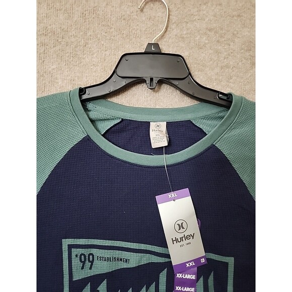 Hurley Logo Graphic Tee Shirt Mens XXL Green Blue Waffle Knit Thermal NEW - Picture 7 of 11